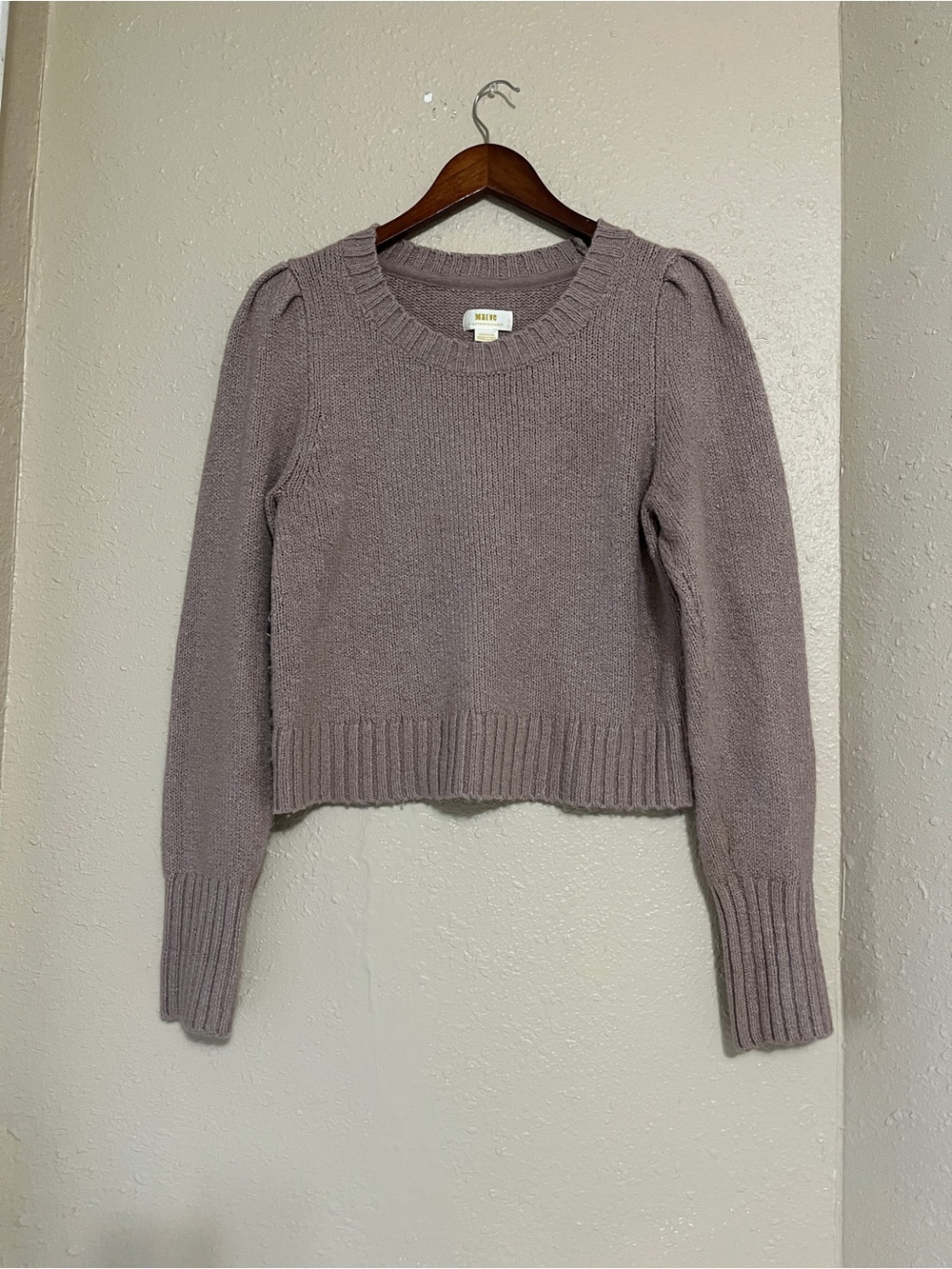 Maeve by Anthropologie Crewneck Puff Sleeve Cropped Sweater Dusty Mauve Size M